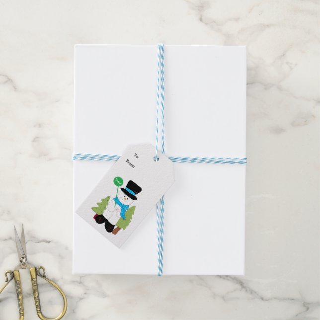 Snowman with Christmas Trees Gift Tags (With Twine)