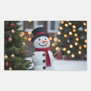 Snowman With Christmas Trees In The Winter Rectangular Sticker