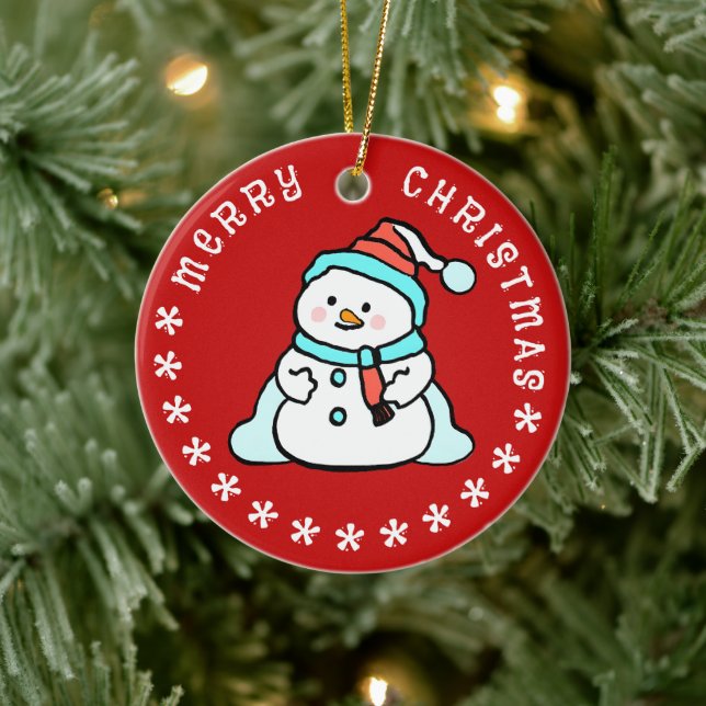 Snowman With Custom Name | Cute Red Ceramic Tree Decoration (Tree)