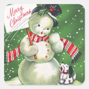 Snowman with Dog Square Sticker