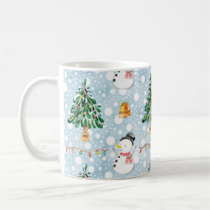 Snowman With Fir Tree In Watercolor Pattern Coffee Mug