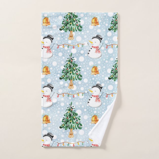 Snowman With Fir Tree In Watercolor Pattern Hand Towel (Hand Towel)
