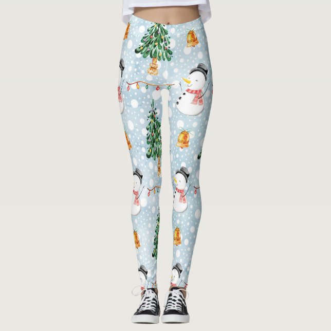 Snowman With Fir Tree In Watercolor Pattern Leggings (Front)