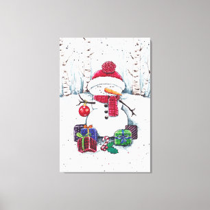 Snowman With Gifts In Watercolor  Canvas Print