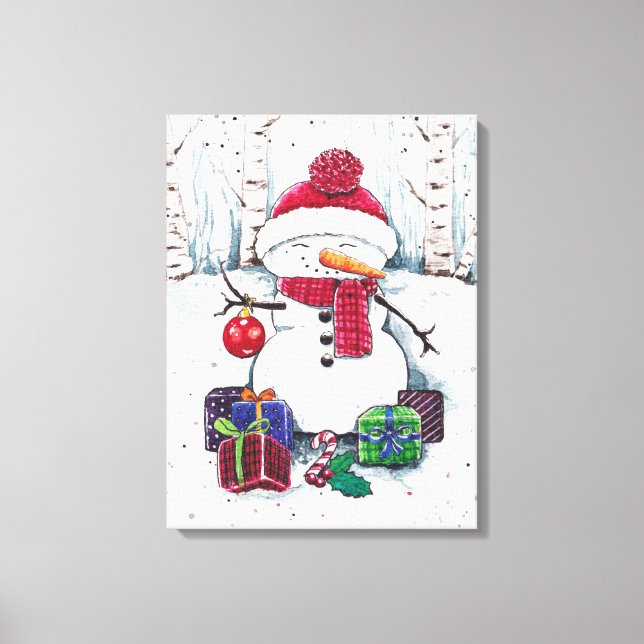 Snowman With Gifts In Watercolor  Canvas Print (Front)