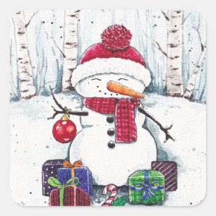 Snowman With Gifts In Watercolor Classic Round St Square Sticker