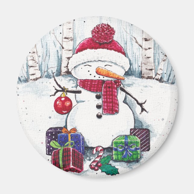 Snowman With Gifts In Watercolor  Magnet (Front)