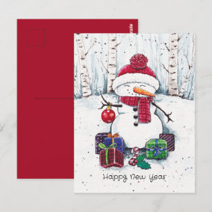 Snowman With Gifts In Watercolor  Postcard