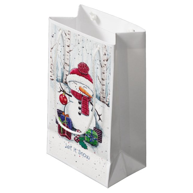Snowman With Gifts In Watercolor  Small Gift Bag (Front Angled)