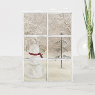 snowman with gold Christmas star in window Card