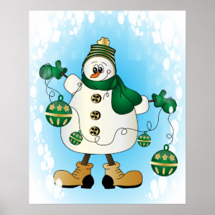 Snowman with Green Christmas Ornaments Poster