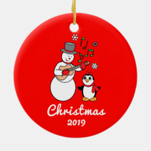 Snowman with Guitar and Penguin Year Customisable Ceramic Tree Decoration