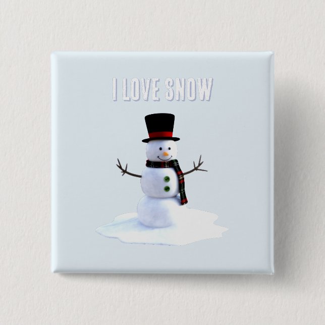 Snowman with hat and scarf. I Love Snow 15 Cm Square Badge (Front)