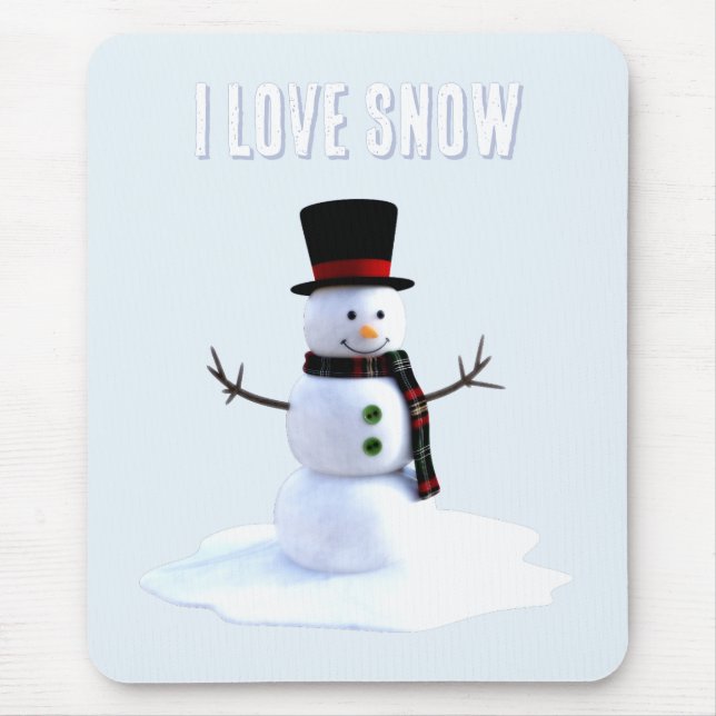 Snowman with hat and scarf. I Love Snow Mouse Mat (Front)