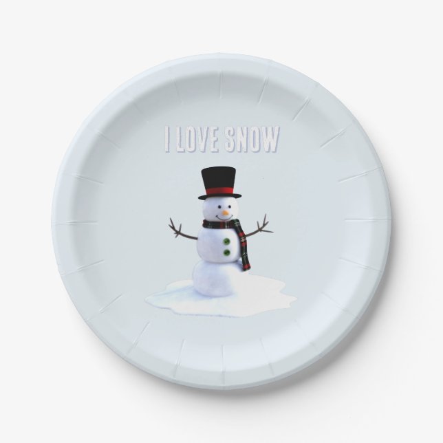 Snowman with hat and scarf. I Love Snow Paper Plate (Front)