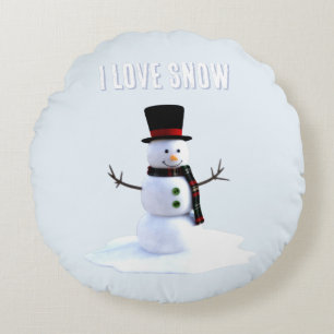 Snowman with hat and scarf. I Love Snow Round Cushion