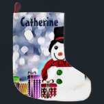 Snowman with his gifts large christmas stocking<br><div class="desc">This little snowman wasn't expecting all these Christmas gifts,  he's so pleased.   Cathy M Creations.</div>