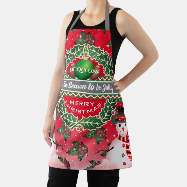 Snowman with Holly Berries and YOUR NAME on RED Apron (Insitu)