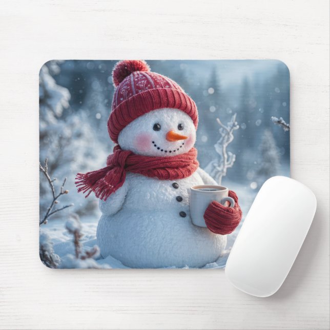 Snowman With Hot Chocolate Mouse Mat (With Mouse)