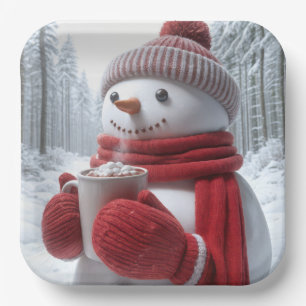 Snowman With Hot Chocolate Paper Plate