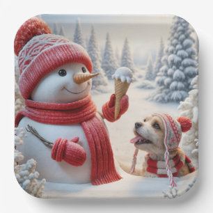 Snowman With Ice Cream Cone and Dog Paper Plate