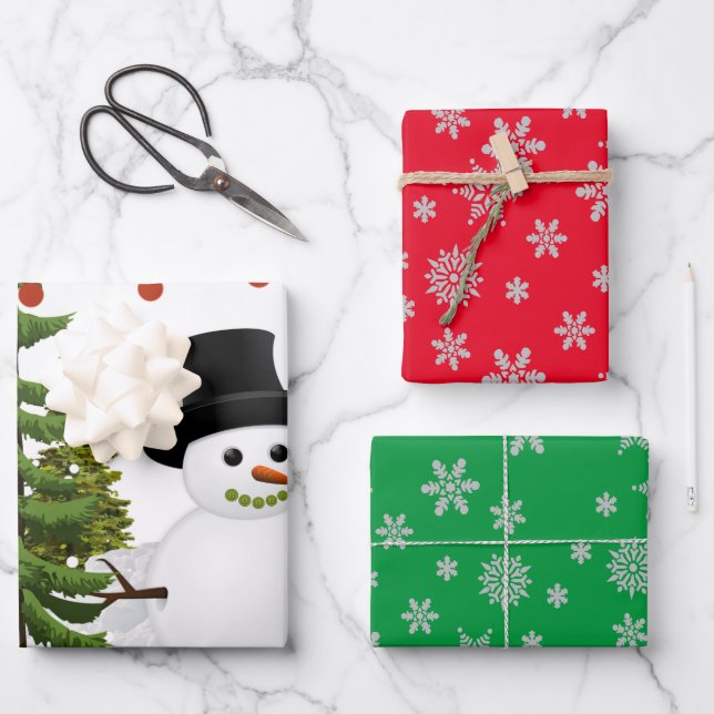 Snowman with Multi-colour Snowflake Wrapping Paper Sheet (Front)