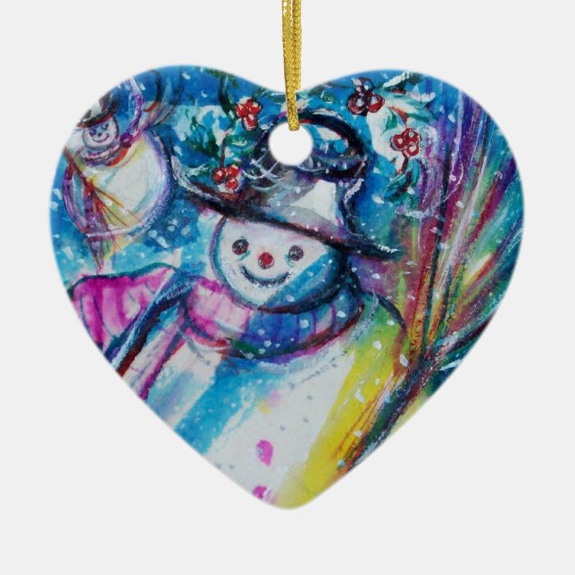SNOWMAN WITH OWL Heart Ceramic Tree Decoration (Front)