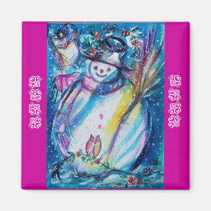 SNOWMAN WITH OWL IN WINTER Puprle Blue Magnet