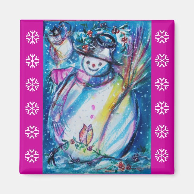 SNOWMAN WITH OWL / Purple White Snowflakes Magnet (Front)