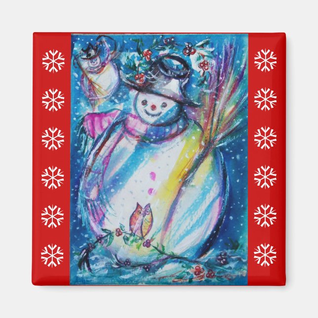 SNOWMAN WITH OWL / Red White Snowflakes Magnet (Front)