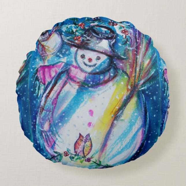SNOWMAN WITH OWL Winter Season Round Cushion (Front)