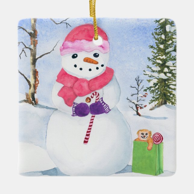 Snowman with pink scarf and candy cane Ornament (Front)