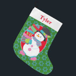 Snowman With Presents Large Christmas Stocking<br><div class="desc">This adorable snowman comes bearing colourfully wrapped gifts. The snowman is on a green background with a blue snowflake pattern,  with red oval. This Christmas stocking can be personalised with your child's name and you can change the background colour.</div>