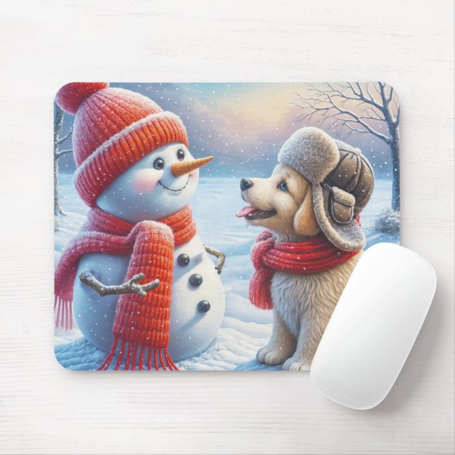 Snowman With Puppy Mouse Mat (With Mouse)
