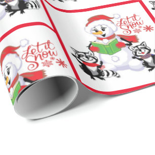 Snowman With Raccoons Let it Snow Christmas Wrapping Paper