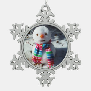 Snowman with Rainbow Scarf Snowflake Pewter Christmas Ornament