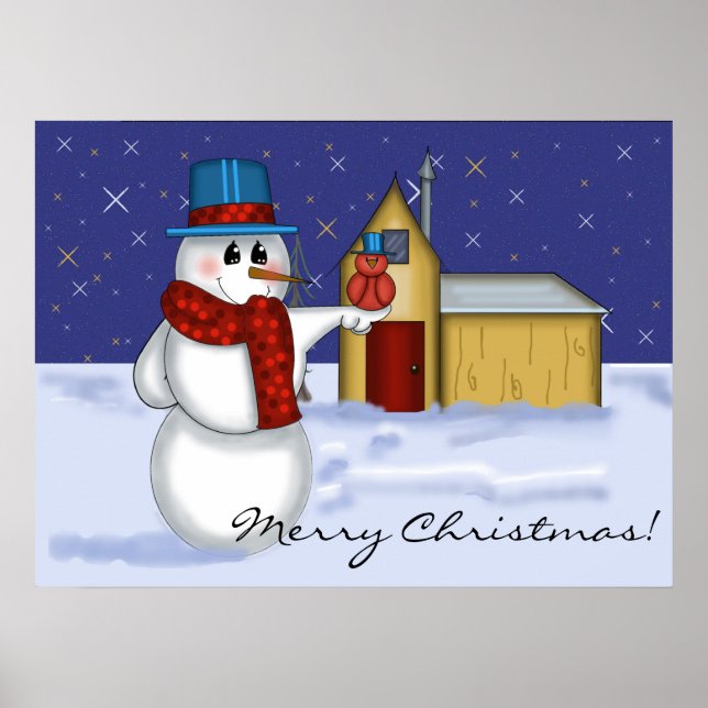 Snowman with Red Bird Folk Art Poster (Front)