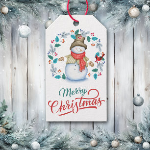 Snowman with Red Bird Wreath Gift Tags