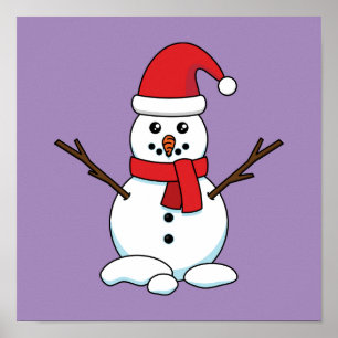 Snowman with Red Bonnet and Scarf Poster