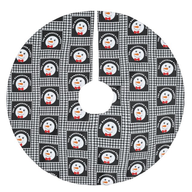 Snowman with Red Bowtie Black Buffalo Plaid  Brushed Polyester Tree Skirt (Front)