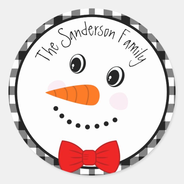 Snowman with Red Bowtie Black Buffalo Plaid Trim  Classic Round Sticker (Front)