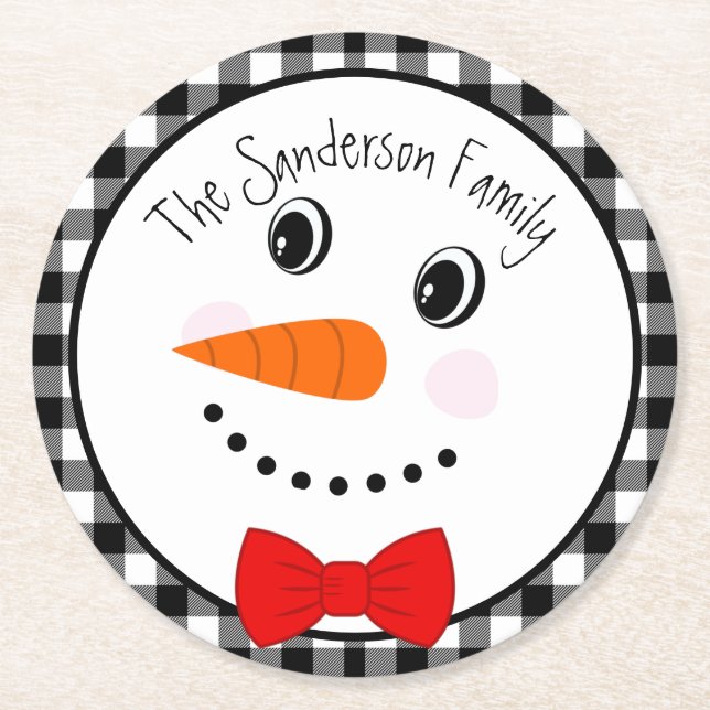 Snowman with Red Bowtie Black Buffalo Plaid Trim Round Paper Coaster (Front)
