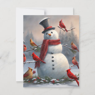 Snowman with Red Cardinals Snowy Holiday Card