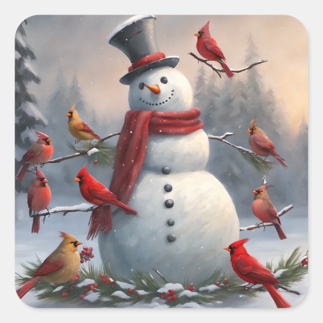 Snowman with Red Cardinals Snowy  Square Sticker (Front)