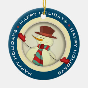 Snowman with Red Hat, Happy Holiays Christmas Ceramic Tree Decoration
