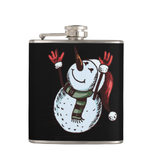 Snowman With Santa Hat - Carrot Nose - Green Scarf Hip Flask