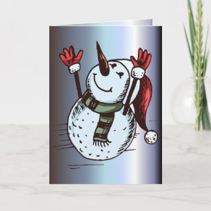 Snowman With Santa Hat - Carrot Nose - Green Scarf Holiday Card