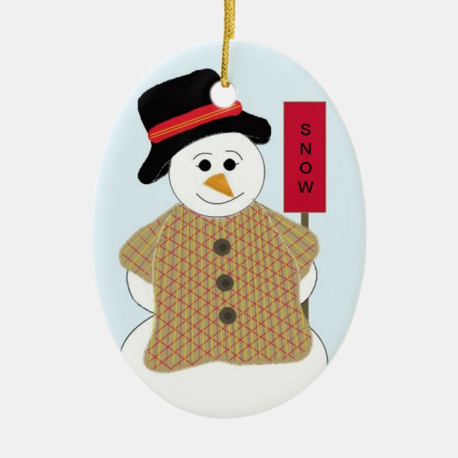 Snowman with Snow Sign Ceramic Tree Decoration (Front)