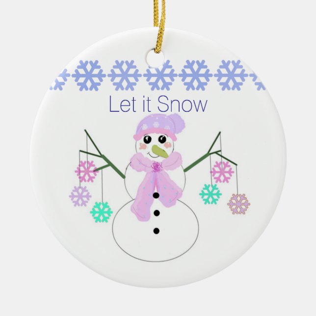 Snowman with Snowflakes Ceramic Tree Decoration (Front)