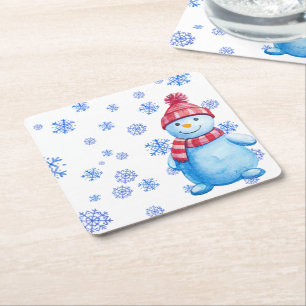 Snowman with snowflakes reusable square paper coaster